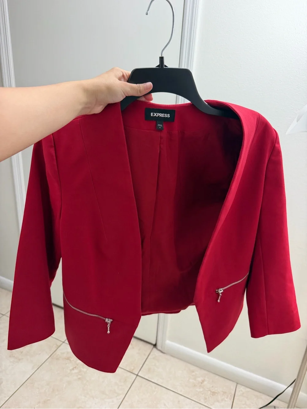 Express Red Open Front Cropped Blazer with Zip Pockets